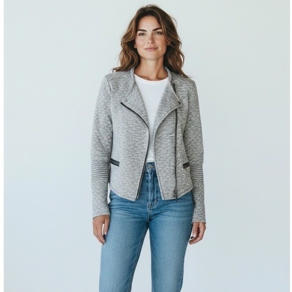 Maison Scotch Grey Marl Asymmetrical Zip Moto Jacket Quilted Sleeves Womens S